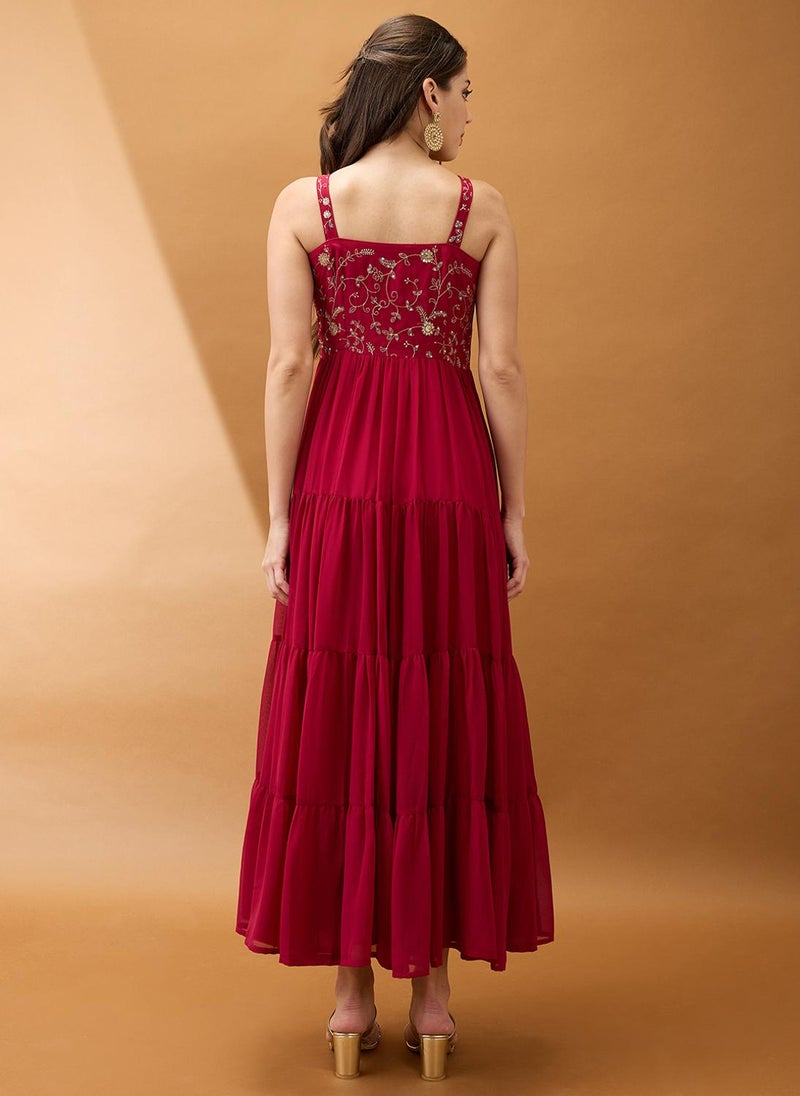 Globus Women Maroon Sweetheart Neck Strappy Shoulder Floral Embroidered Tiered Maxi Fit & Flare Festive Dress - Image 4